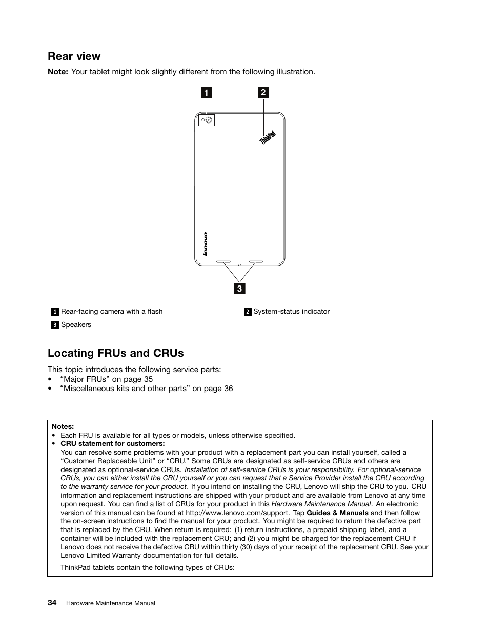 Rear view, Locating frus and crus | Lenovo ThinkPad 8 User Manual | Page 40 / 66