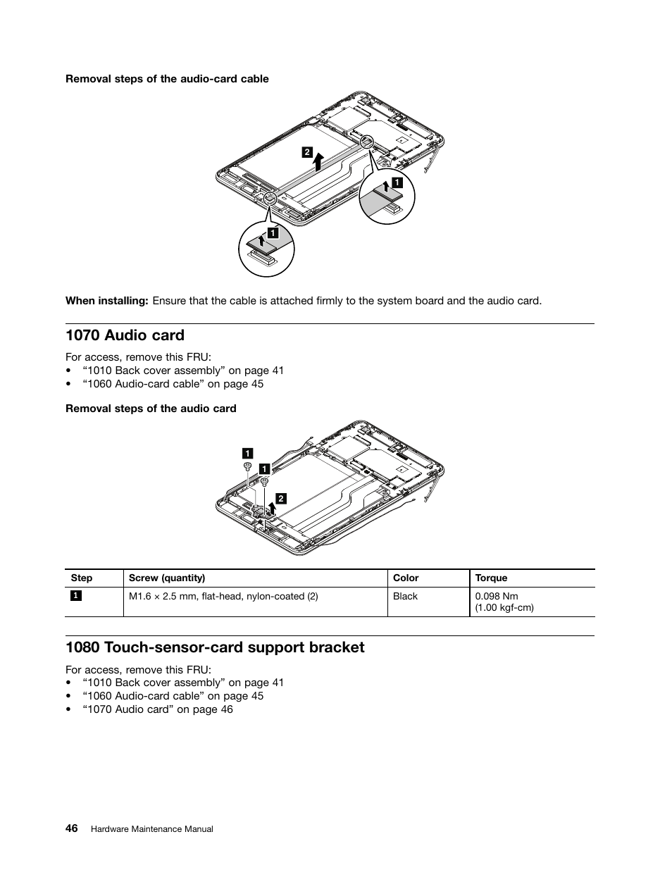 1070 audio card, 1080 touch-sensor-card support bracket | Lenovo ThinkPad 8 User Manual | Page 52 / 66