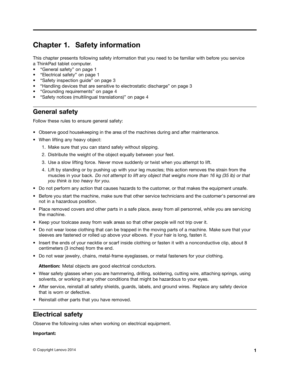 Chapter 1. safety information, General safety, Electrical safety | Lenovo ThinkPad 8 User Manual | Page 7 / 66