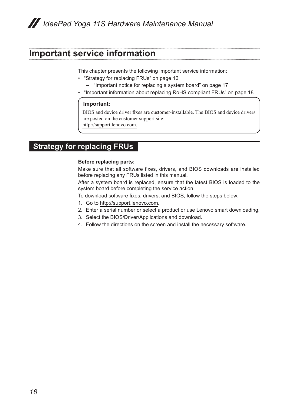 Important service information, Strategy for replacing frus, Ideapad yoga 11s hardware maintenance manual | Lenovo Yoga 11s Notebook IdeaPad User Manual | Page 20 / 77