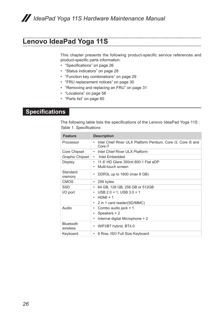 Lenovo ideapad yoga 11s, Specifications, Ideapad yoga 11s hardware maintenance manual | Lenovo Yoga 11s Notebook IdeaPad User Manual | Page 30 / 77