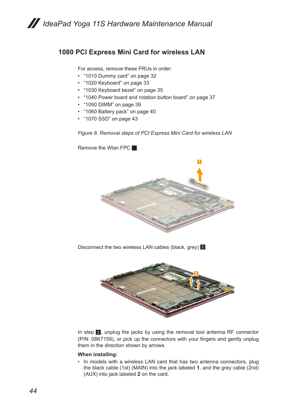 1080 pci express mini card for wireless lan, 1080 pci express mini card for wireless lan .44, Ideapad yoga 11s hardware maintenance manual | Lenovo Yoga 11s Notebook IdeaPad User Manual | Page 48 / 77