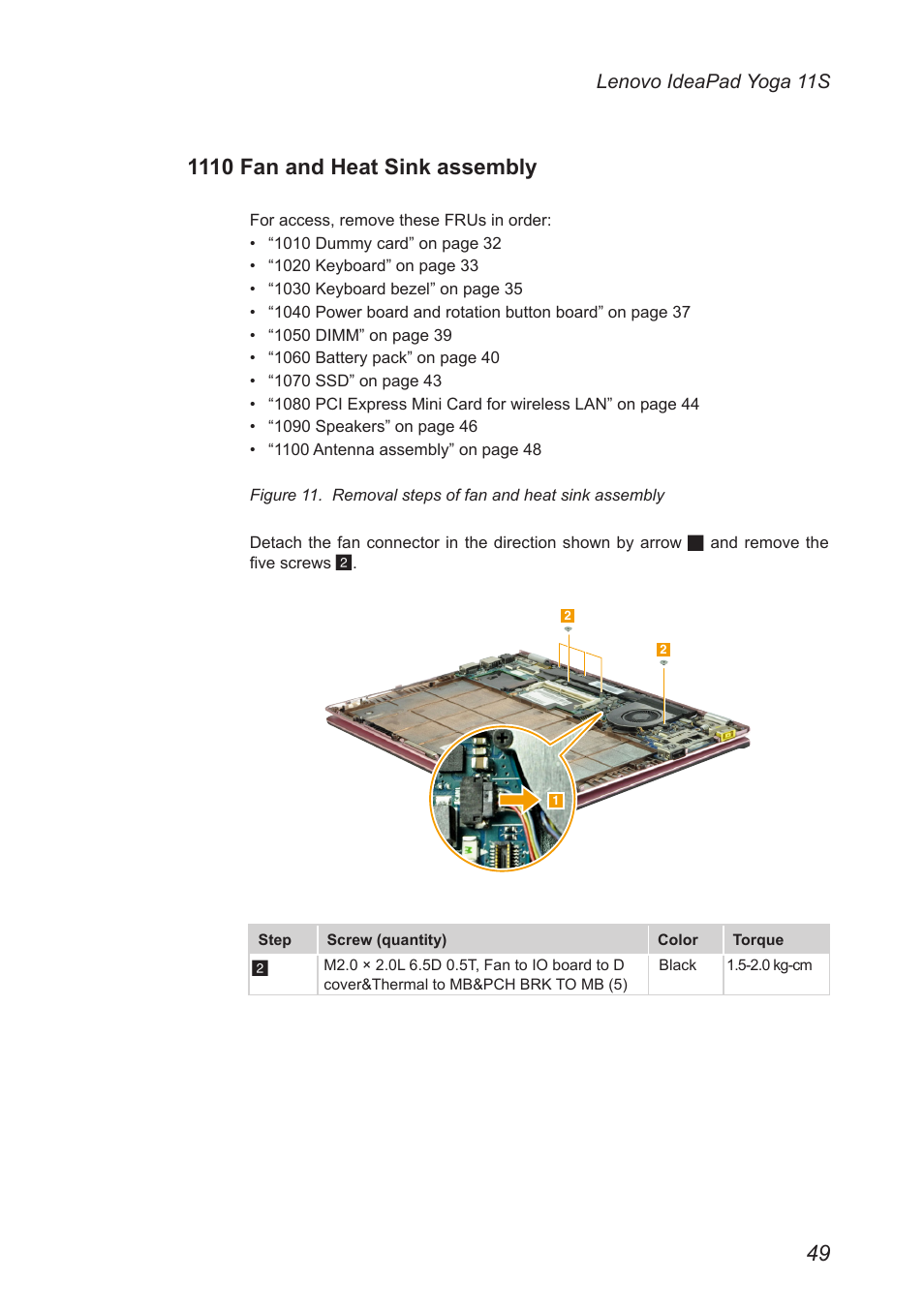 1110 fan and heat sink assembly | Lenovo Yoga 11s Notebook IdeaPad User Manual | Page 53 / 77