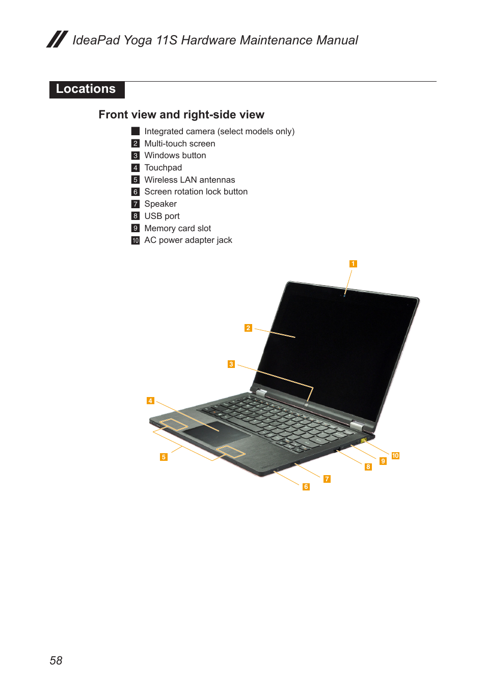 Locations, Front view and right-side view | Lenovo Yoga 11s Notebook IdeaPad User Manual | Page 62 / 77