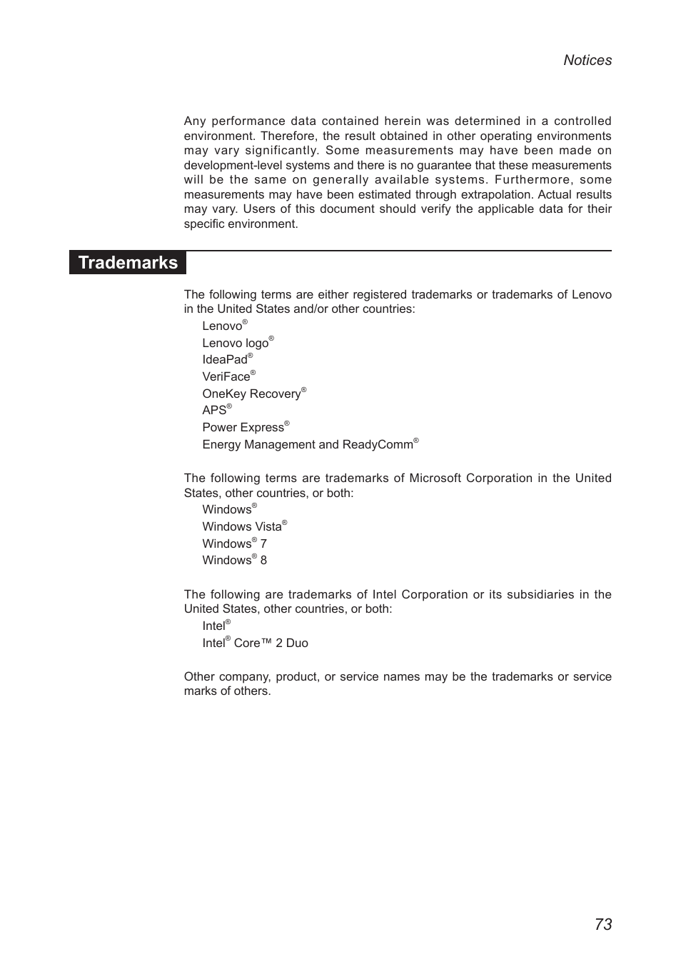 Trademarks, Notices | Lenovo Yoga 11s Notebook IdeaPad User Manual | Page 77 / 77