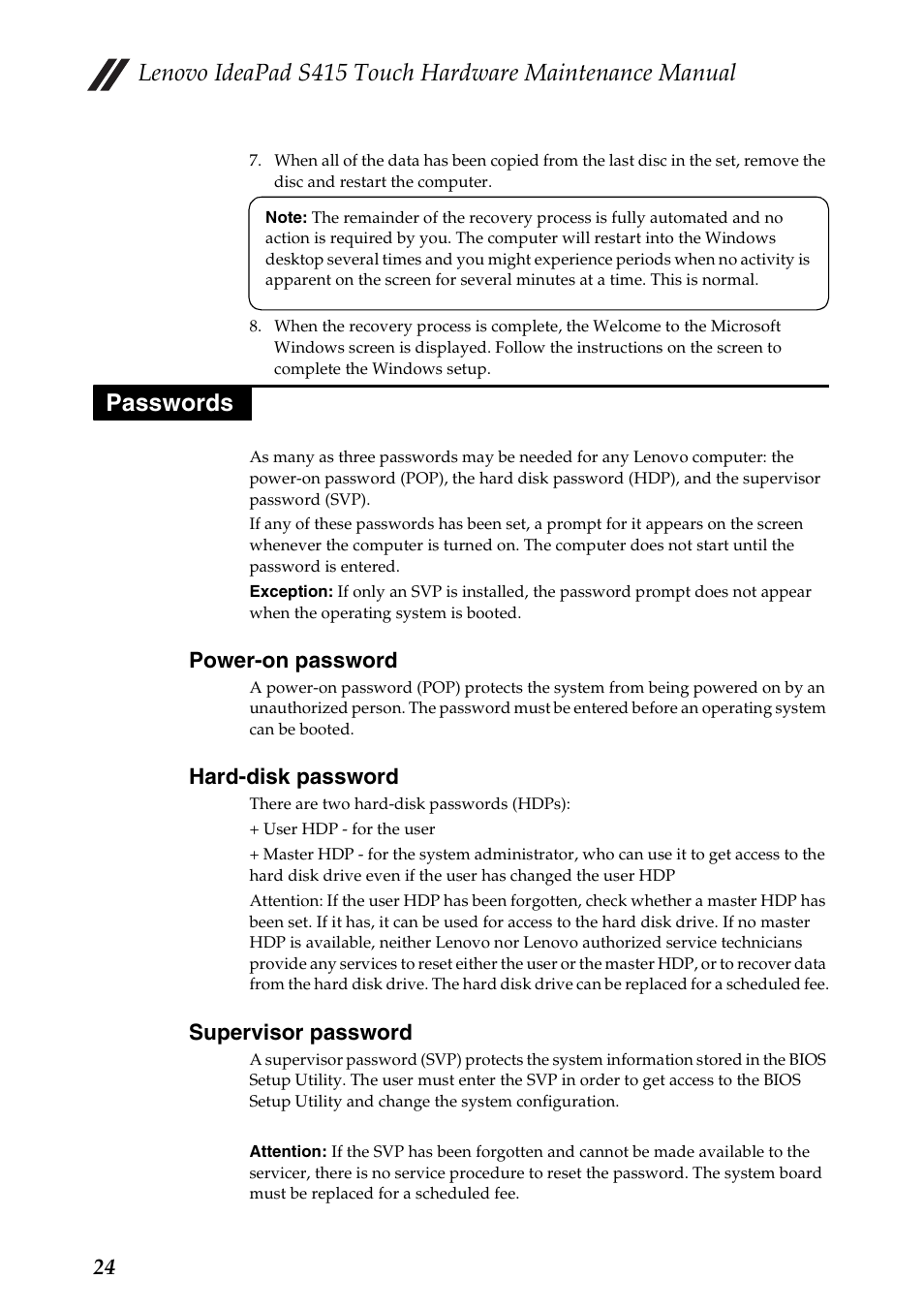Passwords, Power-on password, Hard-disk password | Supervisor password | Lenovo IdeaPad S415 Touch Notebook User Manual | Page 28 / 80