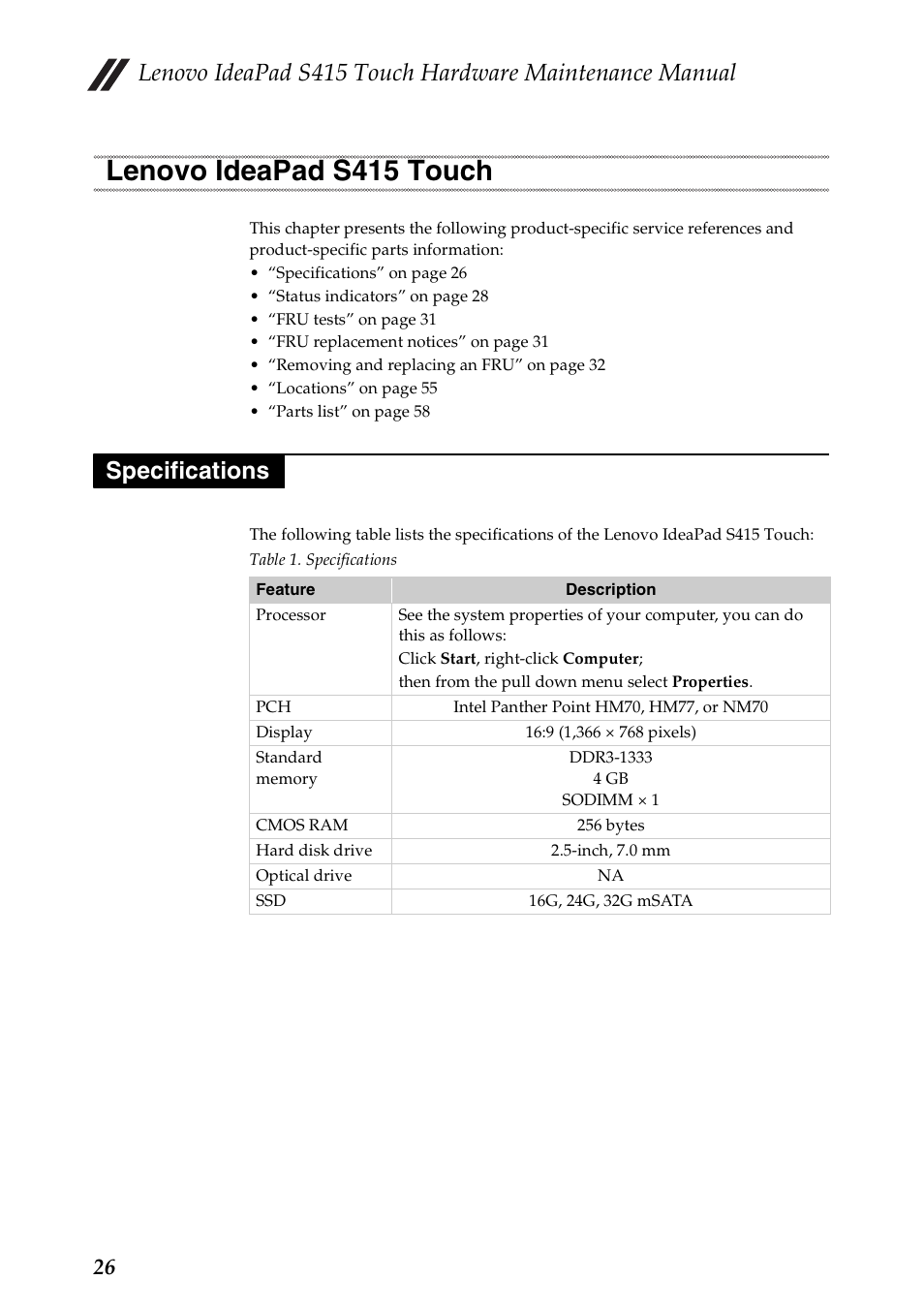 Lenovo ideapad s415 touch, Specifications, Lenovo ideapad s415 touch specifications | Lenovo IdeaPad S415 Touch Notebook User Manual | Page 30 / 80