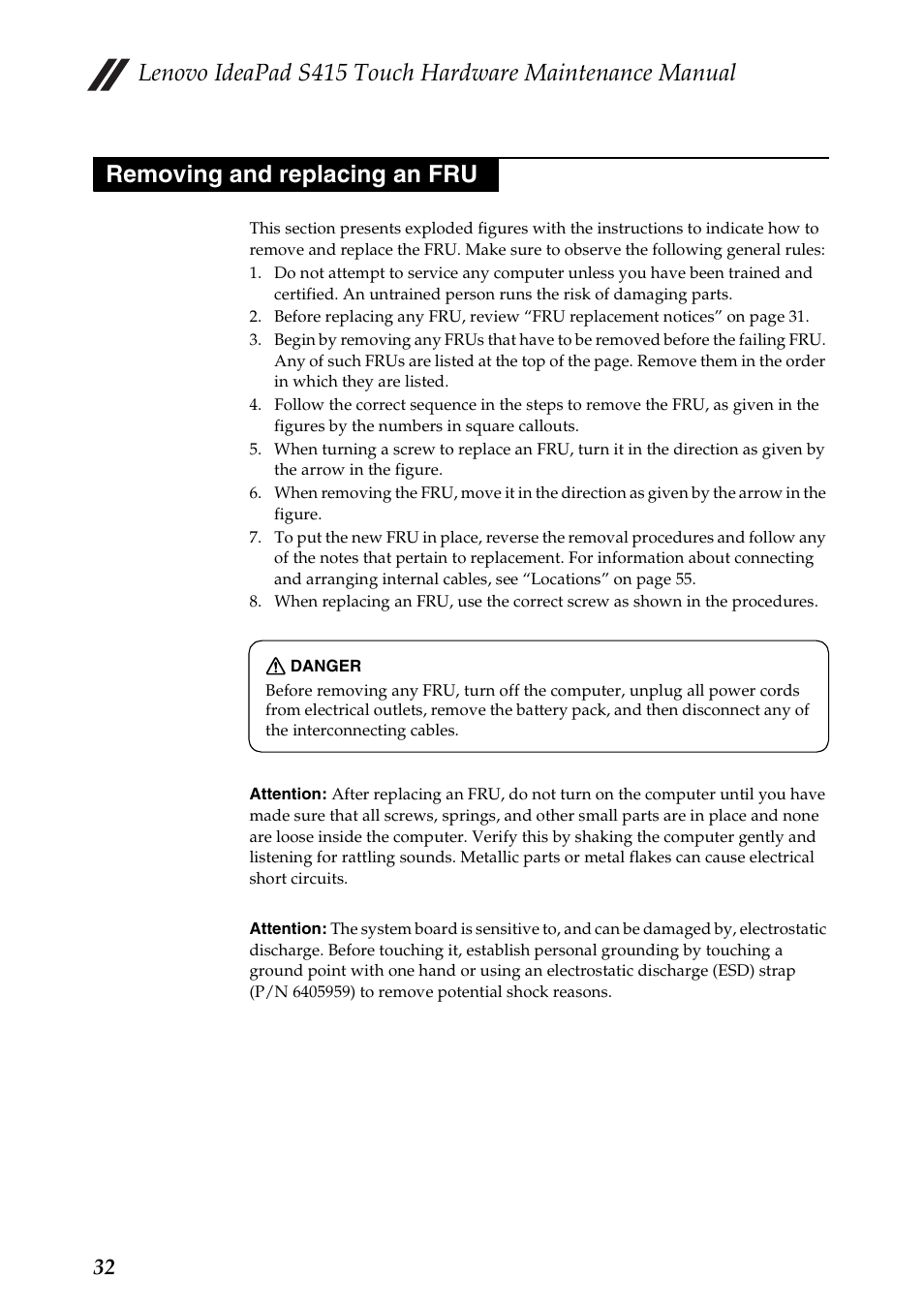Removing and replacing an fru | Lenovo IdeaPad S415 Touch Notebook User Manual | Page 36 / 80