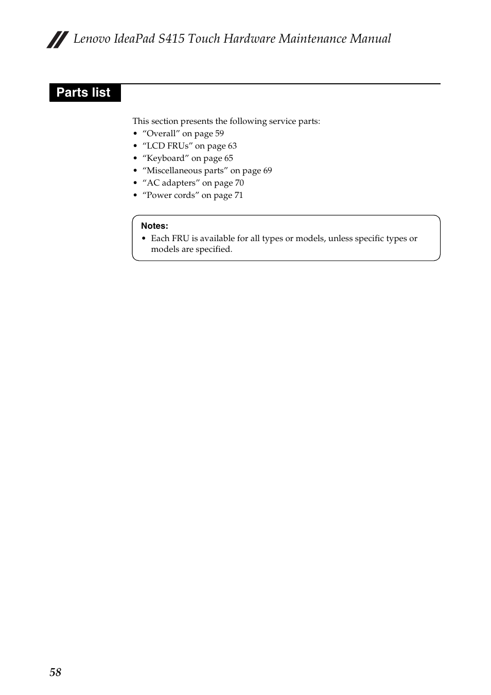 Parts list | Lenovo IdeaPad S415 Touch Notebook User Manual | Page 62 / 80