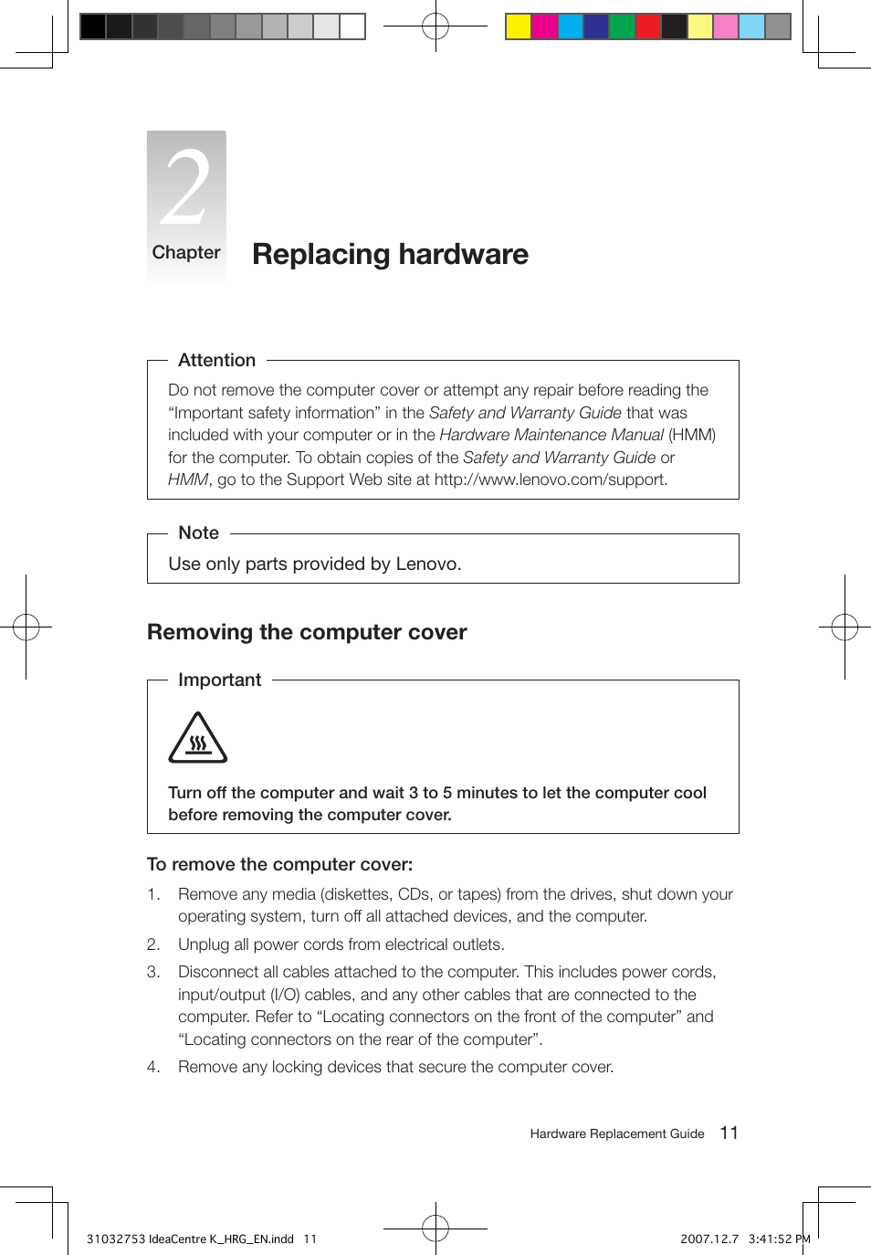 Replacing hardware, Removing the computer cover | Lenovo IdeaCentre K200 User Manual | Page 13 / 32