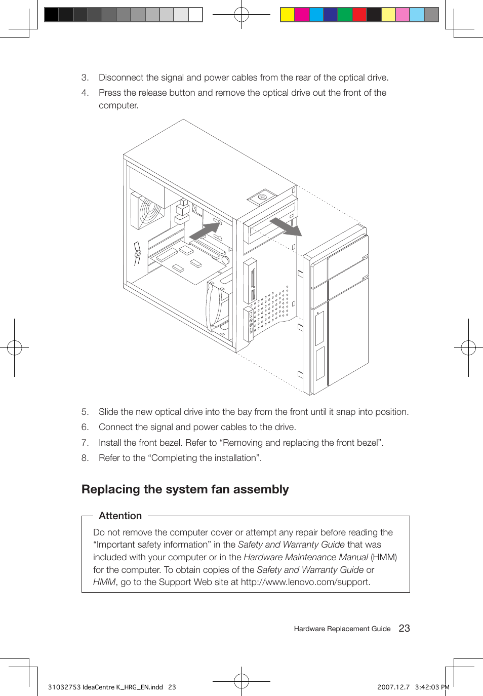 Replacing the system fan assembly | Lenovo IdeaCentre K200 User Manual | Page 25 / 32