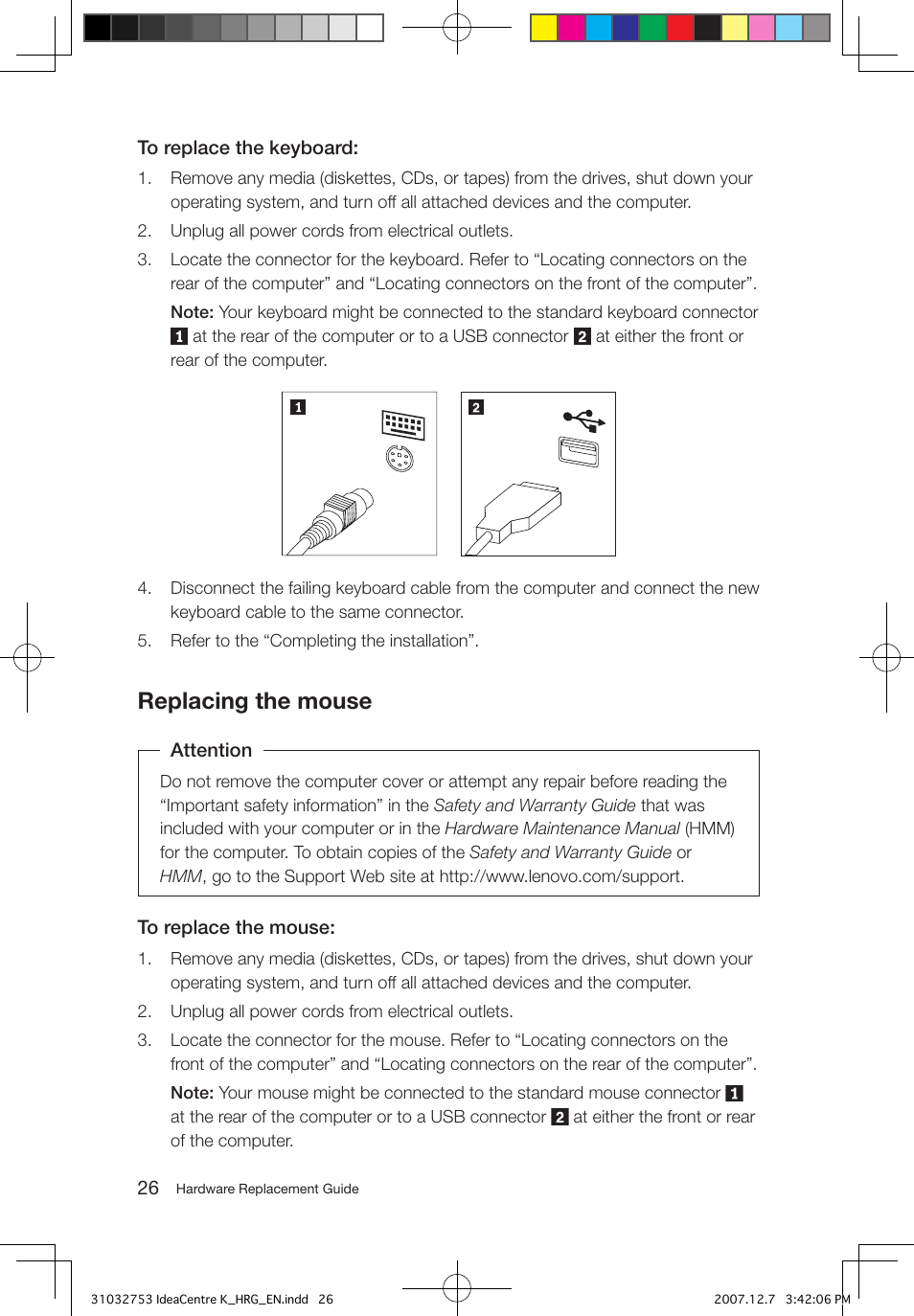 Replacing the mouse | Lenovo IdeaCentre K200 User Manual | Page 28 / 32