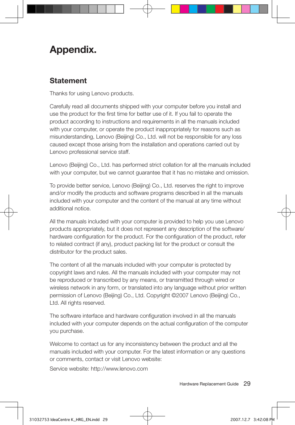 Appendix, Statement | Lenovo IdeaCentre K200 User Manual | Page 31 / 32