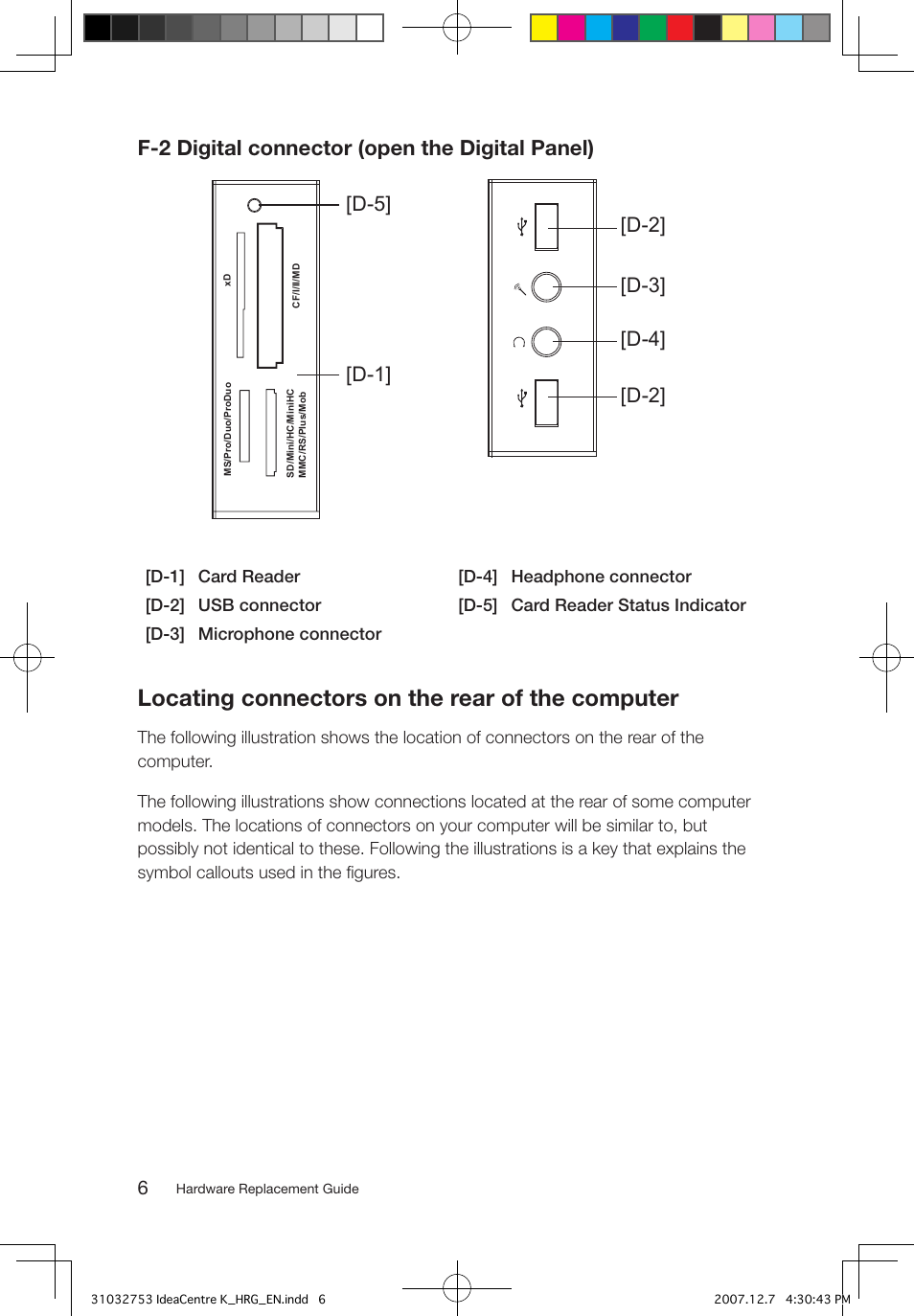 Locating connectors on the rear of the computer, F-2 digital connector (open the digital panel) | Lenovo IdeaCentre K200 User Manual | Page 8 / 32