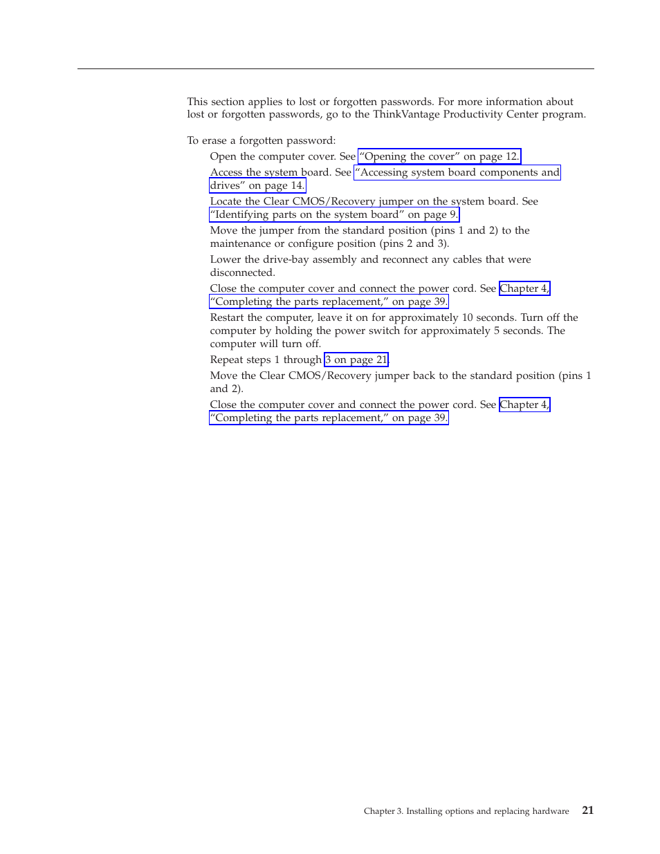 Erasing, Lost, Forgotten | Password, Clearing, Cmos) | Lenovo THINKSTATION D10 User Manual | Page 29 / 58