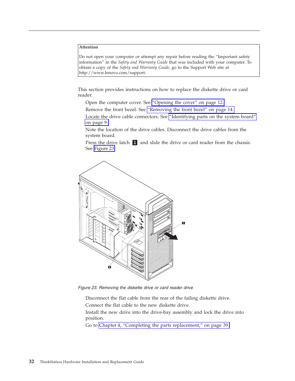 Replacing the diskette drive or card reader, Replacing, Diskette | Drive, Card, Reader, Removing | Lenovo THINKSTATION D10 User Manual | Page 40 / 58