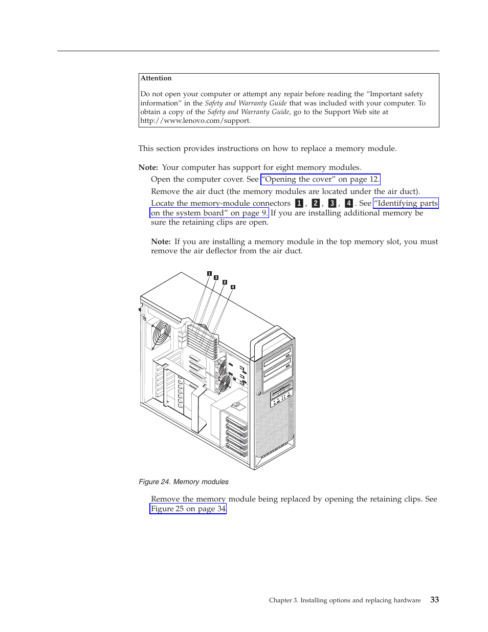 Installing or replacing a memory module, Installing, Replacing | Memory, Module, Modules | Lenovo THINKSTATION D10 User Manual | Page 41 / 58