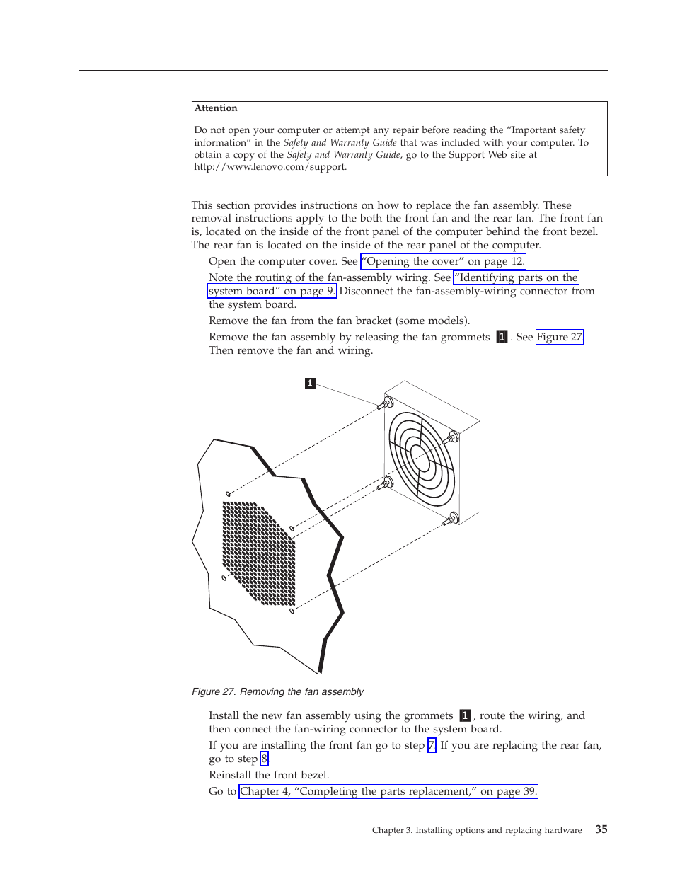 Replacing a fan assembly, Replacing, Assembly | Removing | Lenovo THINKSTATION D10 User Manual | Page 43 / 58