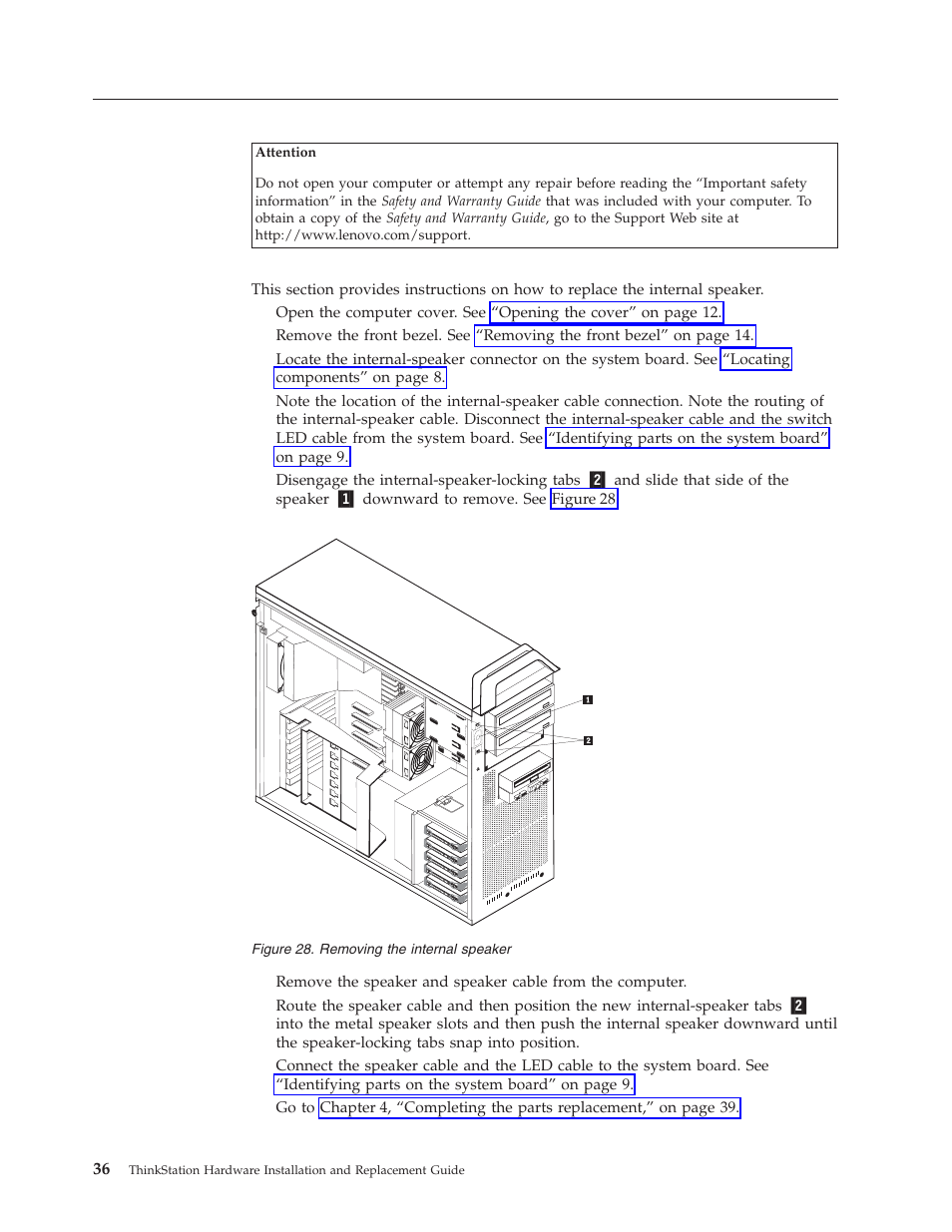 Replacing the internal speaker, Replacing, Internal | Speaker, Removing | Lenovo THINKSTATION D10 User Manual | Page 44 / 58