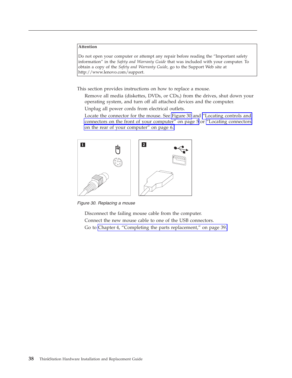 Replacing the mouse, Replacing, Mouse | Lenovo THINKSTATION D10 User Manual | Page 46 / 58