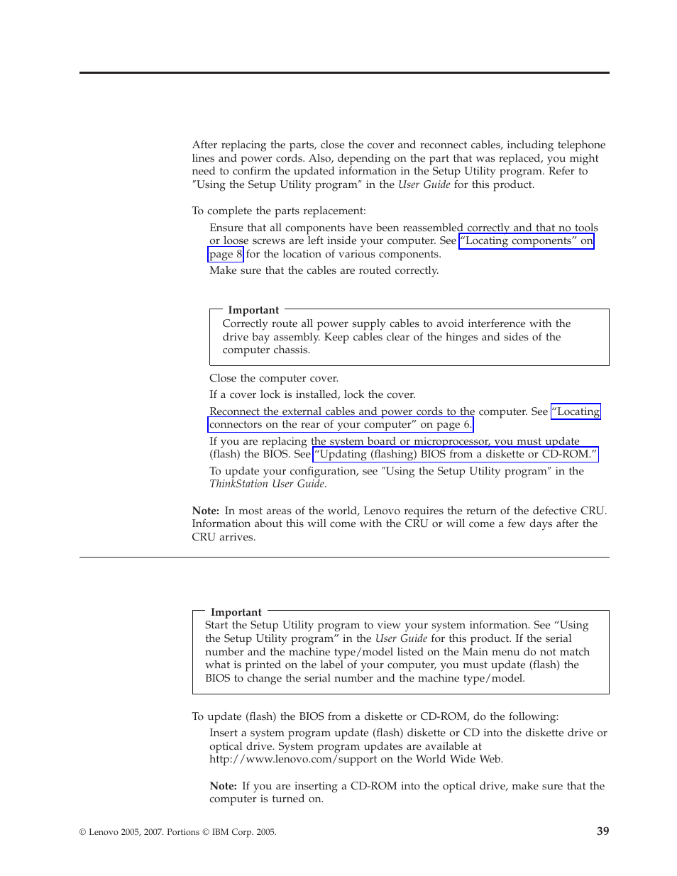 Chapter 4. completing the parts replacement, Updating (flashing) bios from a diskette or cd-rom, Chapter | Completing, Parts, Replacement, Updating, Flashing), Bios, From | Lenovo THINKSTATION D10 User Manual | Page 47 / 58