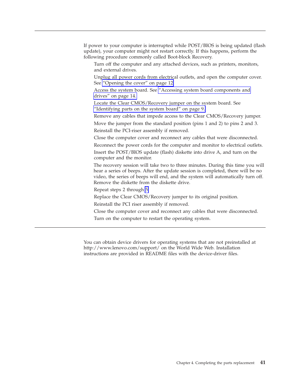 Recovering from a post/bios update failure, Obtaining device drivers, Recovering | From, Post/bios, Update, Failure, Obtaining, Device, Drivers | Lenovo THINKSTATION D10 User Manual | Page 49 / 58