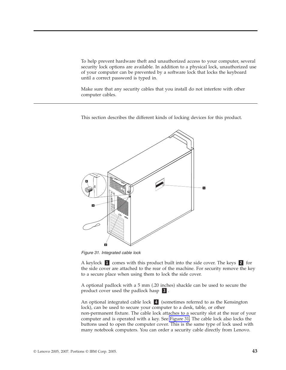 Chapter 5. security features, Locking devices, Chapter | Security, Features, Locking, Devices, Integrated, Cable, Lock | Lenovo THINKSTATION D10 User Manual | Page 51 / 58
