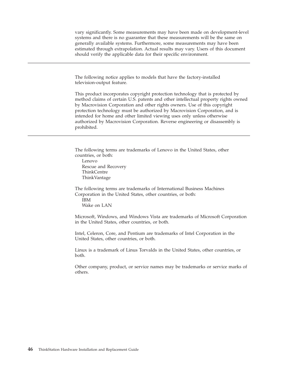 Television output notice, Trademarks, Television | Output, Notice | Lenovo THINKSTATION D10 User Manual | Page 54 / 58