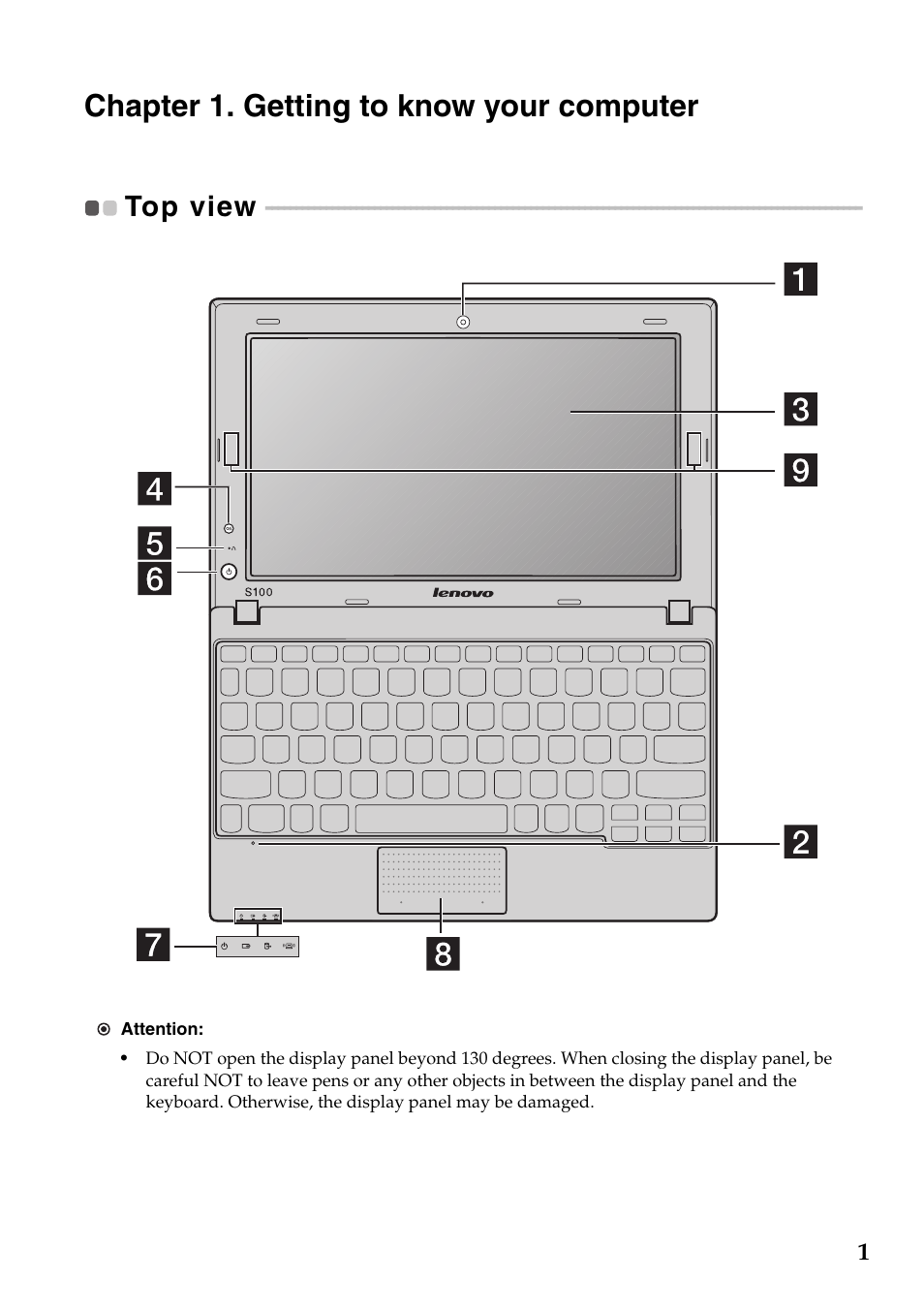 Chapter 1. getting to know your computer, Top view | Lenovo IdeaPad S100 User Manual | Page 5 / 41