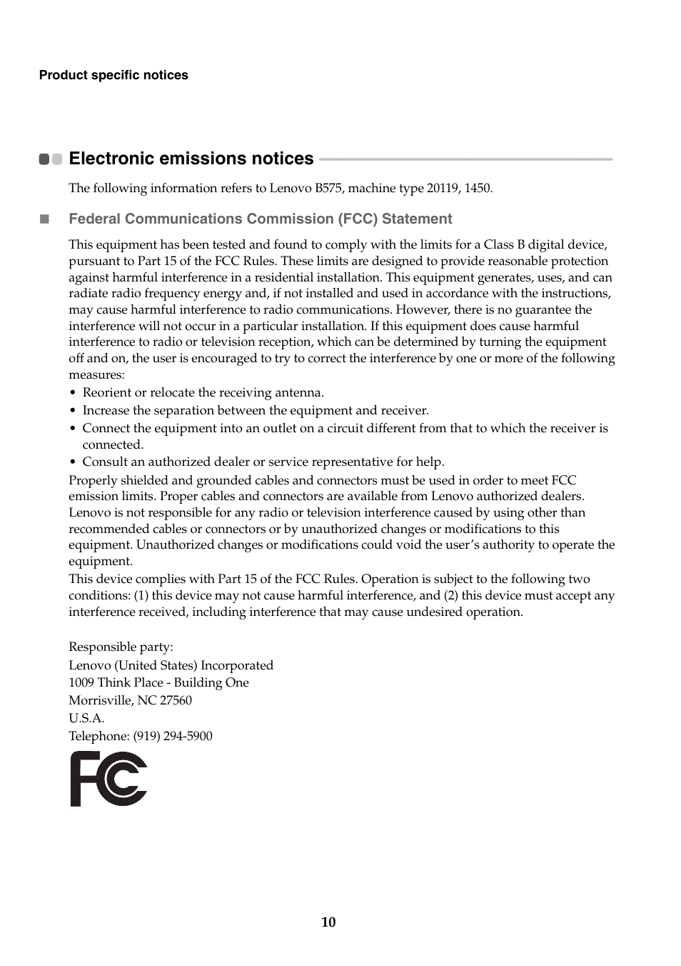 Electronic emissions notices | Lenovo B575 Notebook User Manual | Page 10 / 14