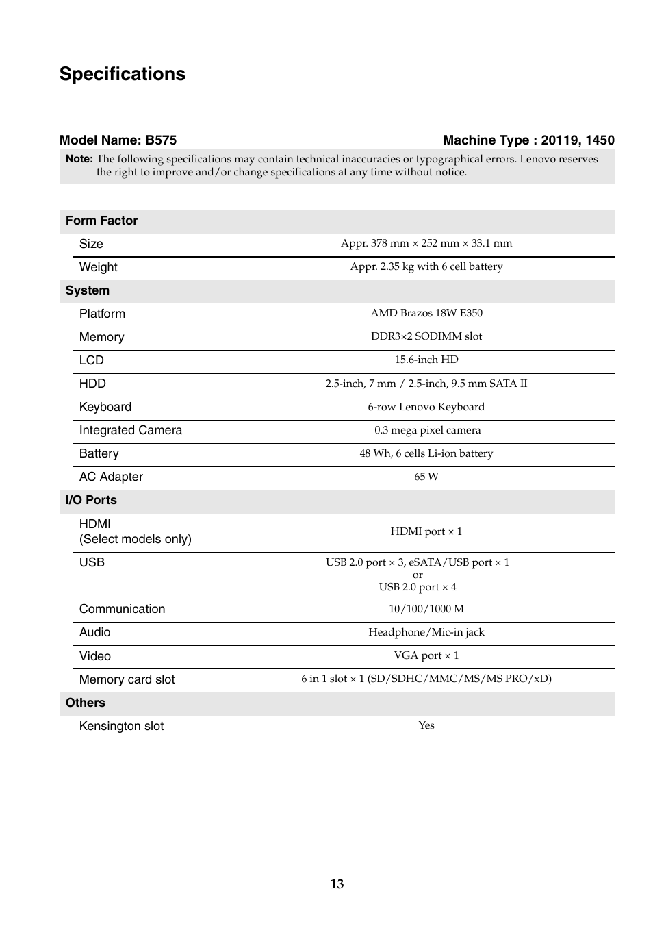 Specifications | Lenovo B575 Notebook User Manual | Page 13 / 14