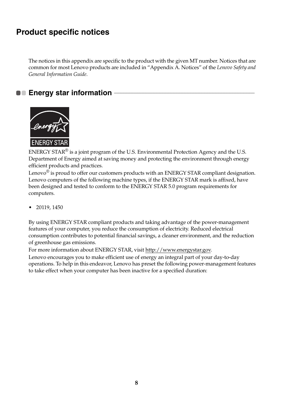 Product specific notices, Energy star information | Lenovo B575 Notebook User Manual | Page 8 / 14
