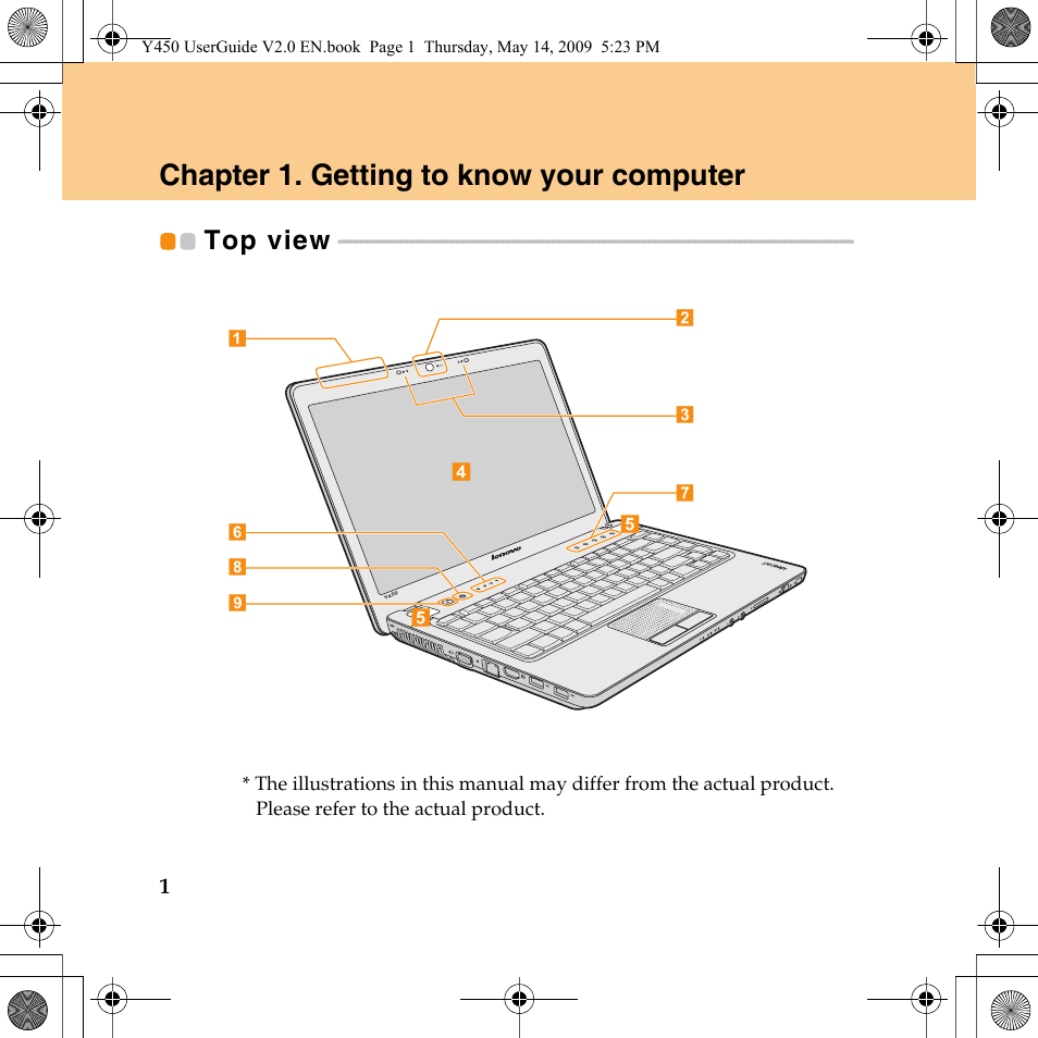 Chapter 1. getting to know your computer, Top view | Lenovo IdeaPad Y450 User Manual | Page 10 / 148