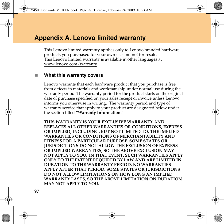 Appendix a. lenovo limited warranty, See “appendix a. lenovo limited | Lenovo IdeaPad Y450 User Manual | Page 106 / 148