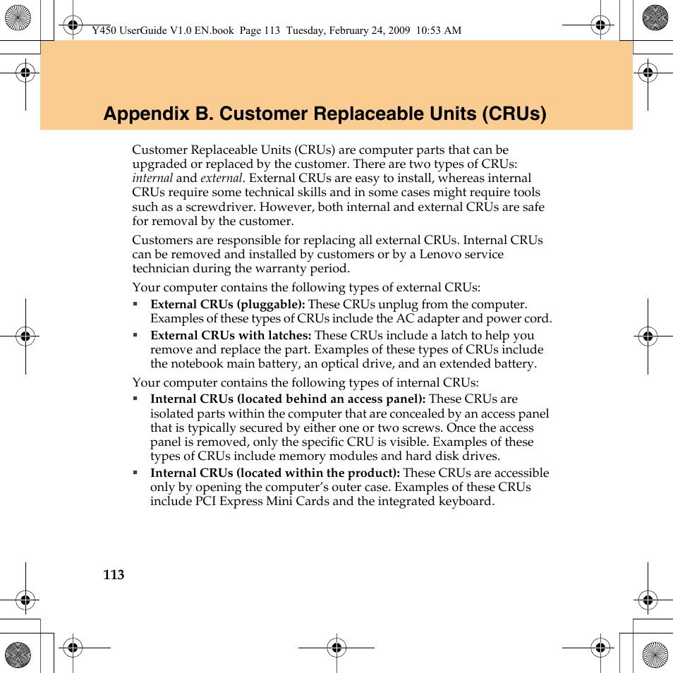 Appendix b. customer replaceable units (crus) | Lenovo IdeaPad Y450 User Manual | Page 122 / 148