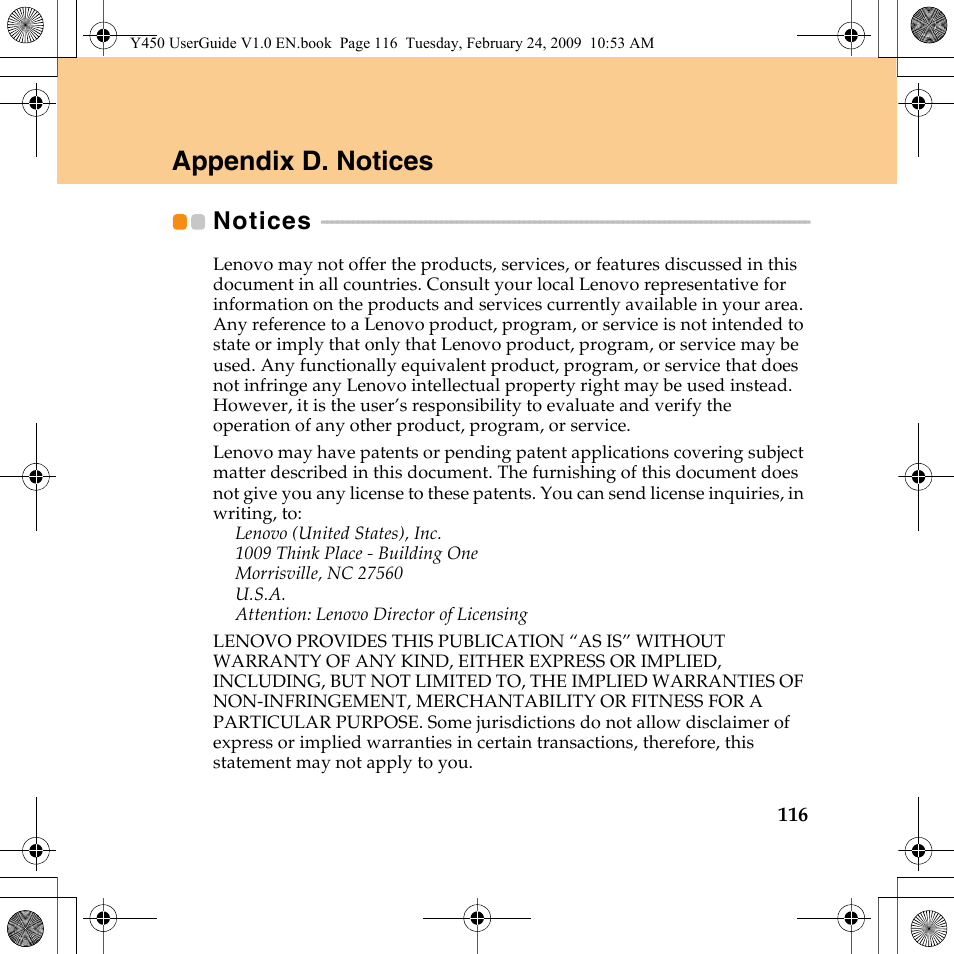 Appendix d. notices, Notices | Lenovo IdeaPad Y450 User Manual | Page 125 / 148