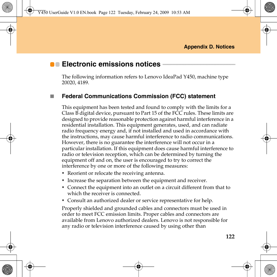 Electronic emissions notices | Lenovo IdeaPad Y450 User Manual | Page 131 / 148