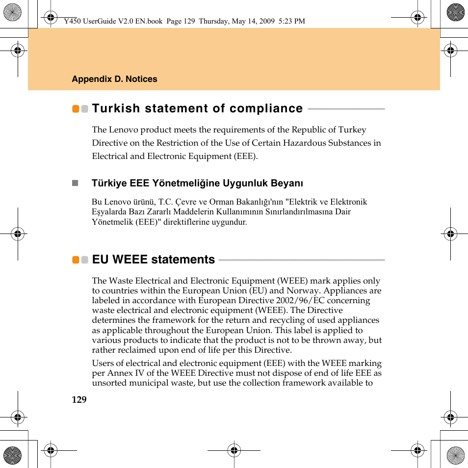 Eu weee statements, Turkish statement of compliance eu weee statements, Turkish statement of compliance | Lenovo IdeaPad Y450 User Manual | Page 138 / 148