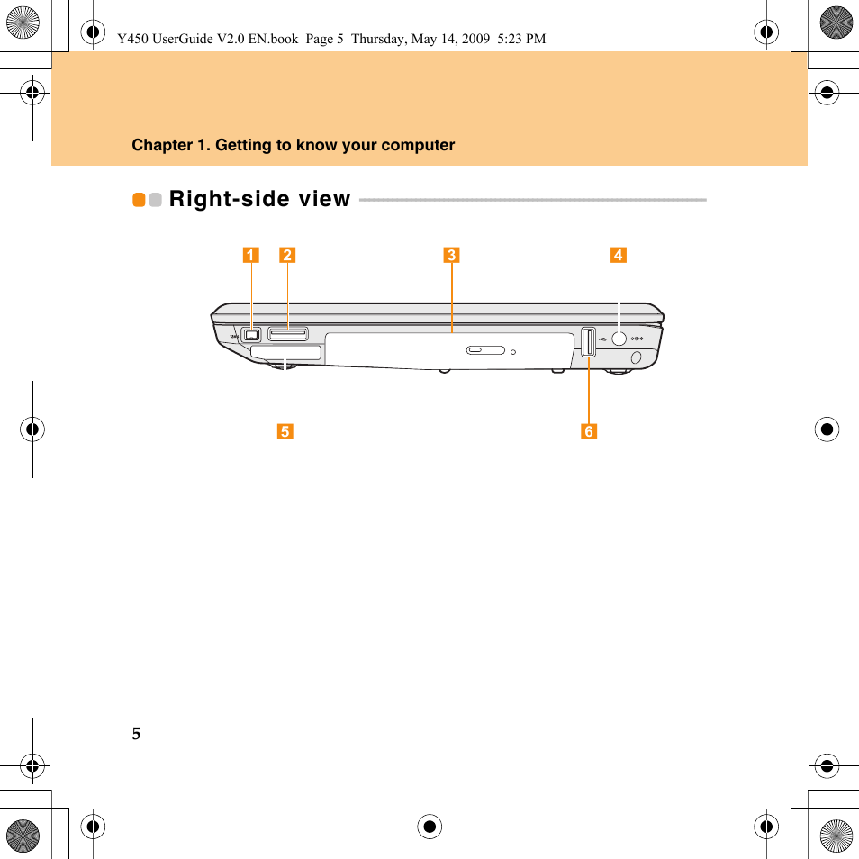 Right-side view | Lenovo IdeaPad Y450 User Manual | Page 14 / 148