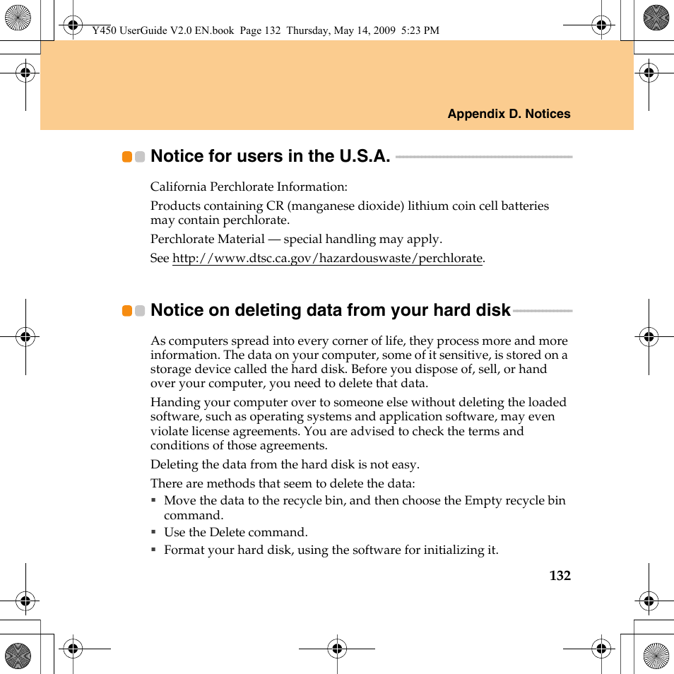 Notice for users in the u.s.a, Notice on deleting data from your hard disk | Lenovo IdeaPad Y450 User Manual | Page 141 / 148