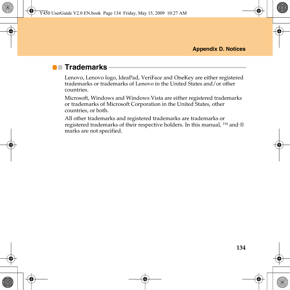 Trademarks | Lenovo IdeaPad Y450 User Manual | Page 143 / 148