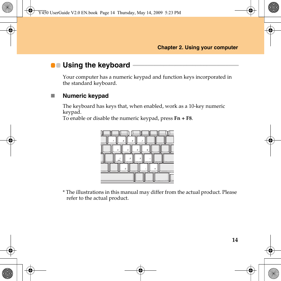 Using the keyboard | Lenovo IdeaPad Y450 User Manual | Page 23 / 148