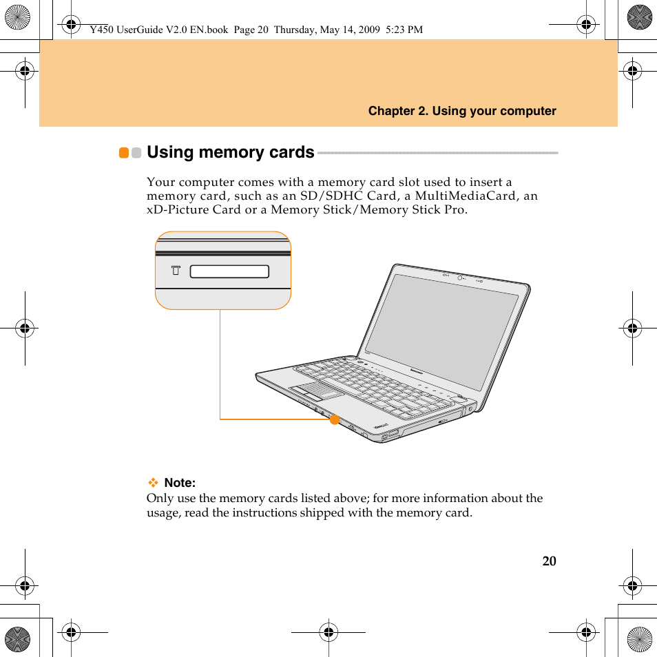 Using memory cards | Lenovo IdeaPad Y450 User Manual | Page 29 / 148