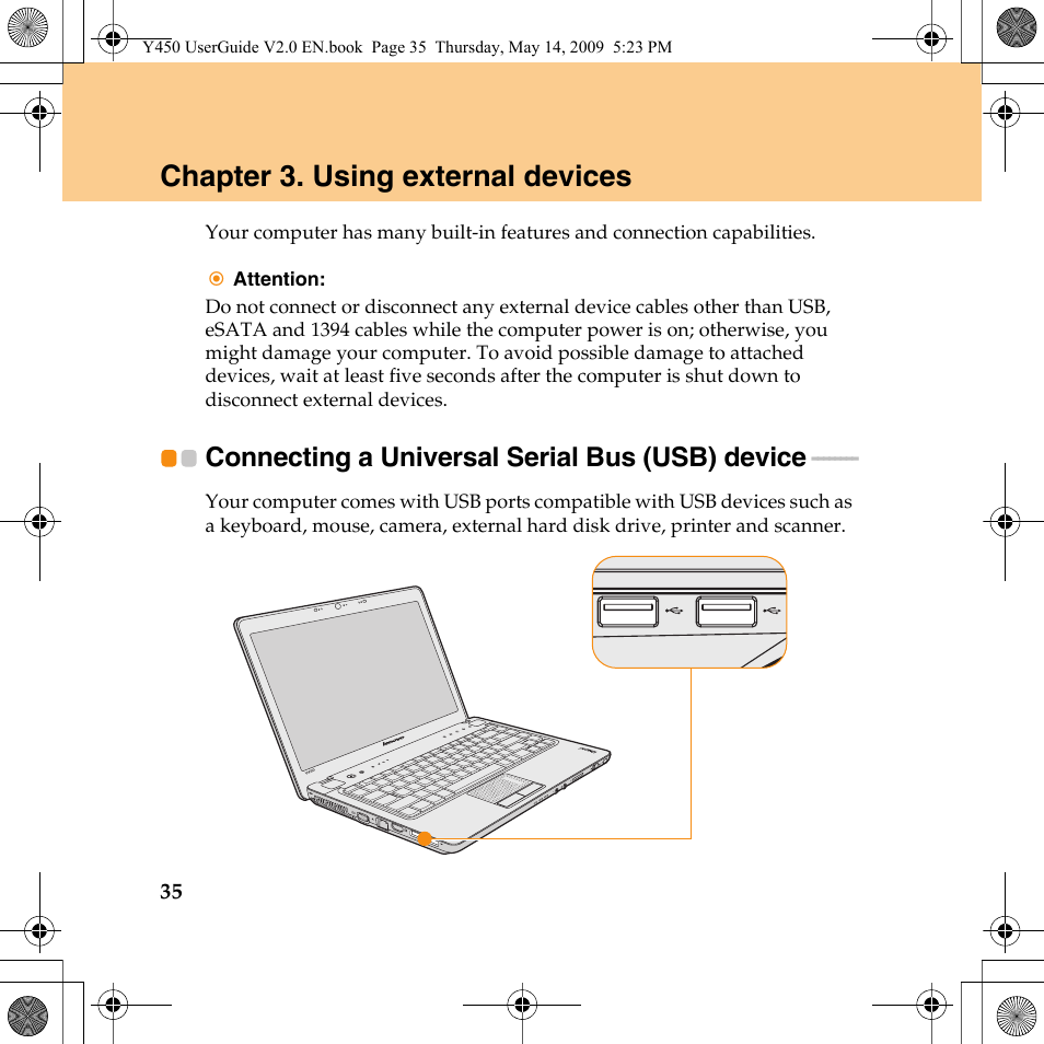 Chapter 3. using external devices, Connecting a universal serial bus (usb) device | Lenovo IdeaPad Y450 User Manual | Page 44 / 148