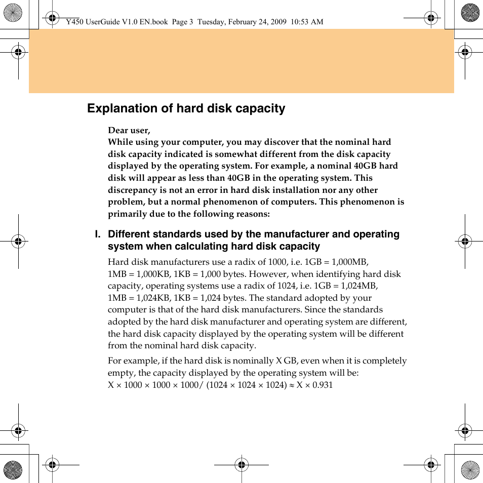 Explanation of hard disk capacity | Lenovo IdeaPad Y450 User Manual | Page 5 / 148