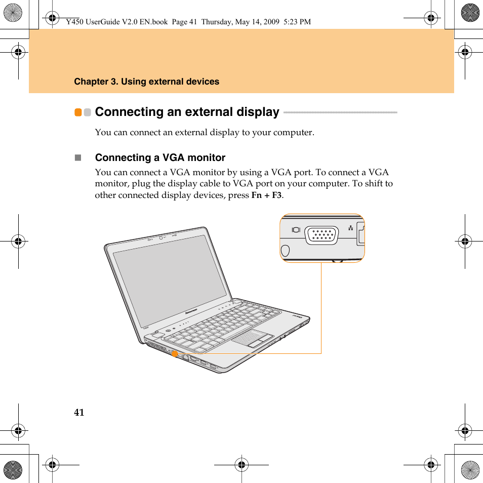 Connecting an external display | Lenovo IdeaPad Y450 User Manual | Page 50 / 148