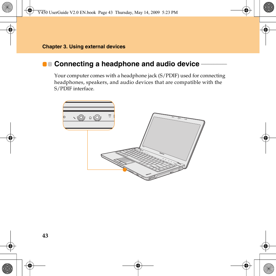 Connecting a headphone and audio device | Lenovo IdeaPad Y450 User Manual | Page 52 / 148