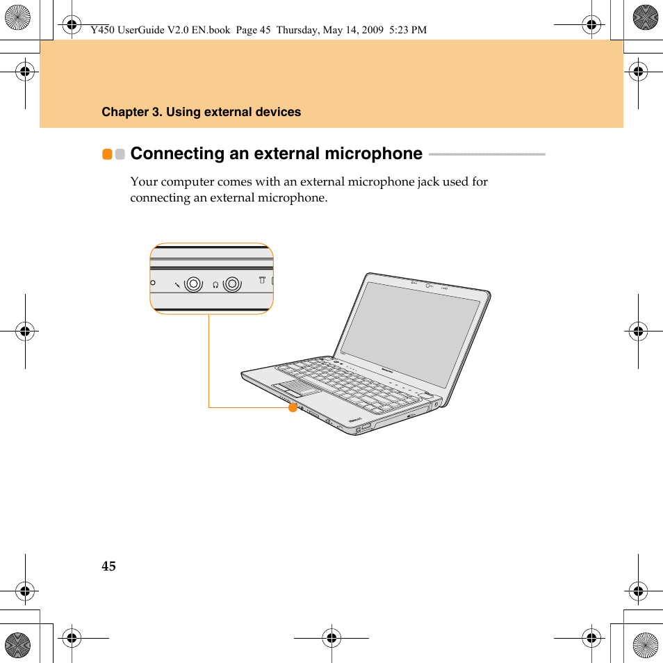 Connecting an external microphone | Lenovo IdeaPad Y450 User Manual | Page 54 / 148