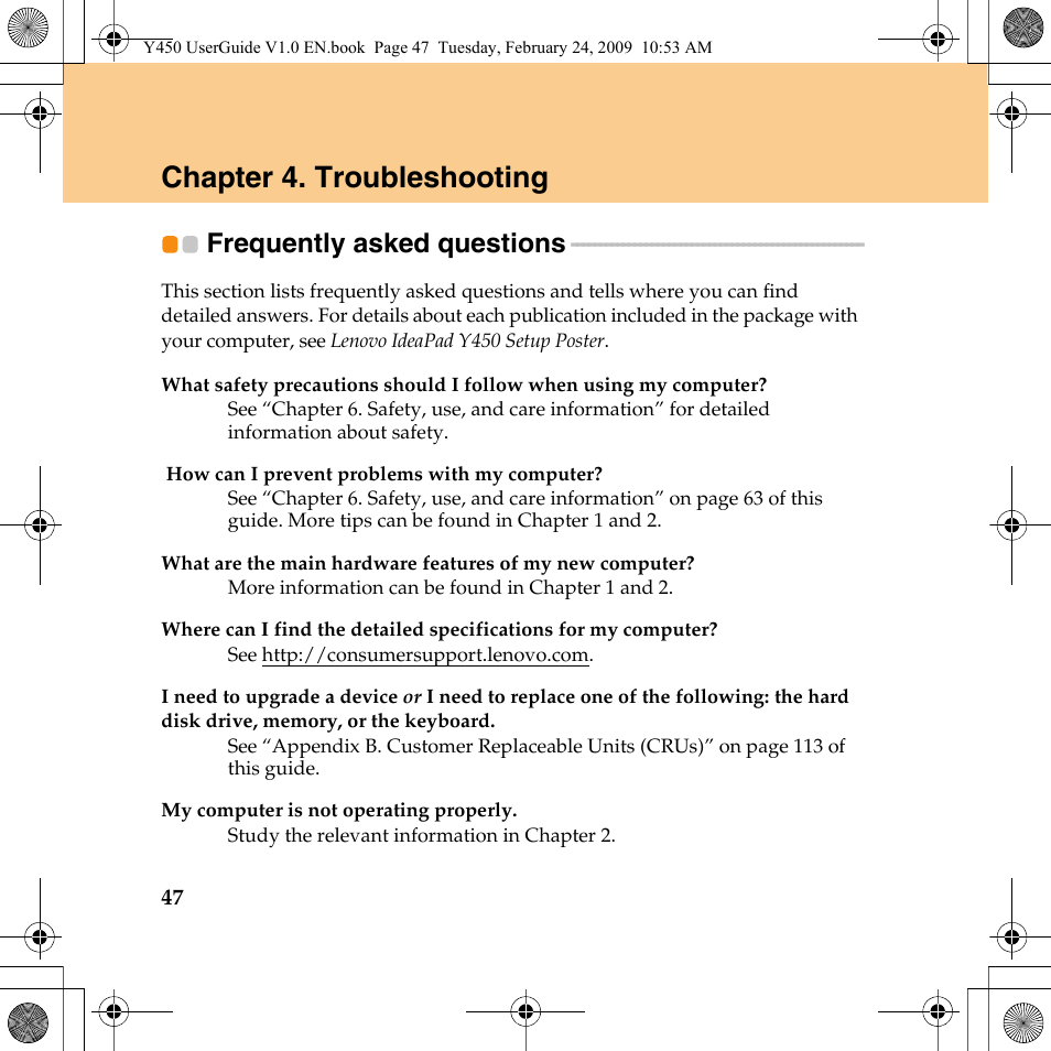 Chapter 4. troubleshooting, Frequently asked questions | Lenovo IdeaPad Y450 User Manual | Page 56 / 148