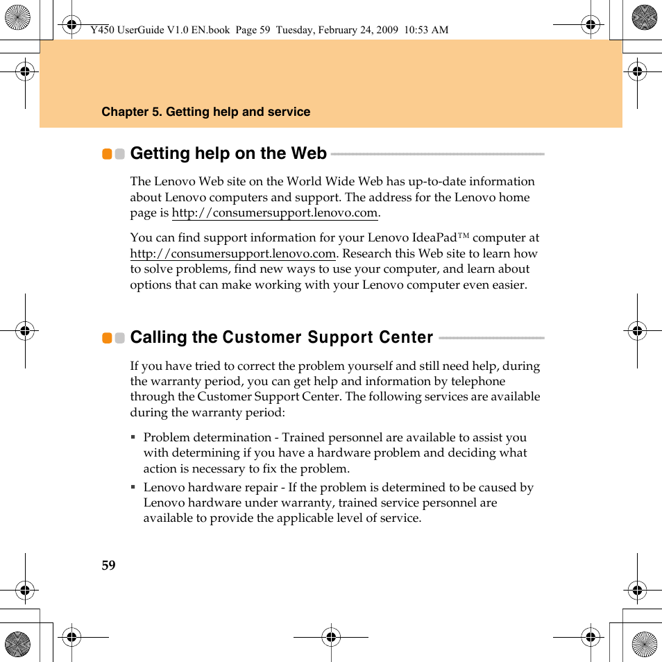 Getting help on the web, Calling the customer support center | Lenovo IdeaPad Y450 User Manual | Page 68 / 148